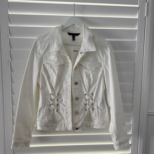 White House Black Market Ivory Jean Jacket with Lace-Up Detail. Very flattering